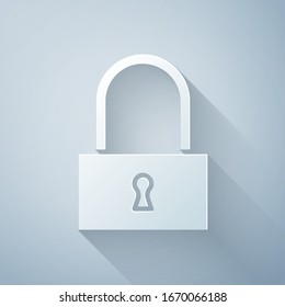 Paper cut Lock icon isolated on grey background. Padlock sign. Security, safety, protection, privacy concept. Paper art style. Vector Illustration