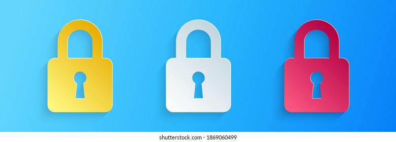 Icono de bloqueo de corte de papel aislado en fondo azul. Señal de bloqueo. Seguridad, seguridad, protección, concepto de privacidad. Estilo de arte de papel. Vector.