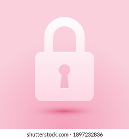 Paper cut Lock icon isolated on pink background. Padlock sign. Security, safety, protection, privacy concept. Paper art style. Vector.