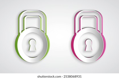 Paper cut Lock icon isolated on grey background. Padlock sign. Security, safety, protection, privacy concept. Paper art style. Vector