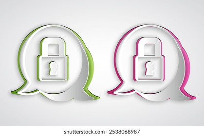 Paper cut Lock icon isolated on grey background. Padlock sign. Security, safety, protection, privacy concept. Paper art style. Vector