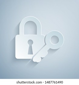 Paper cut Lock and key icon isolated on grey background. Padlock sign. Security, safety, protection, privacy concept. Paper art style. Vector Illustration