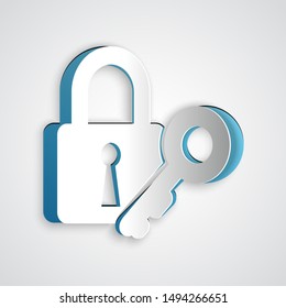 Paper cut Lock and key icon isolated on grey background. Padlock sign. Security, safety, protection, privacy concept. Paper art style. Vector Illustration