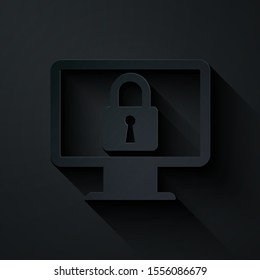 Paper cut Lock on computer monitor screen icon isolated on black background. Monitor and padlock. Security, safety, protection concept. Safe internetwork. Paper art style. Vector Illustration
