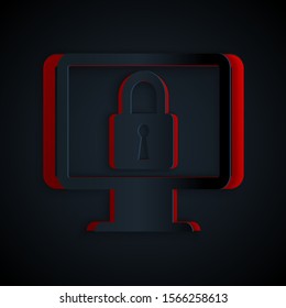 Paper cut Lock on computer monitor screen icon isolated on black background. Monitor and padlock. Security, safety, protection concept. Safe internetwork. Paper art style. Vector Illustration
