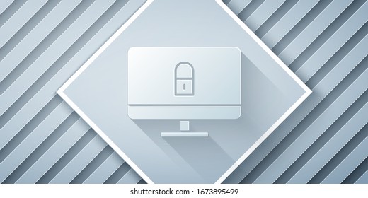Cortar papel Bloquear en la pantalla del monitor de ordenador aislado en fondo gris. Concepto de seguridad, seguridad y protección. Internet seguro. Estilo de arte de papel.  Ilustración vectorial