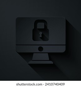 Paper cut Lock on computer monitor screen icon isolated on black background. Security, safety, protection concept. Safe internetwork. Paper art style. Vector