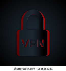 Paper cut Lock VPN icon isolated on black background. Paper art style. Vector Illustration