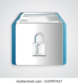 Paper cut Locked package icon isolated on grey background. Lock and cardboard box. Paper art style. Vector Illustration