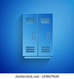 Paper cut Locker or changing room for football, basketball team or workers icon isolated on blue background. Paper art style. Vector Illustration