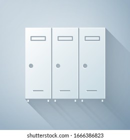 Paper cut Locker or changing room for hockey, football, basketball team or workers icon isolated on grey background. Paper art style. Vector Illustration