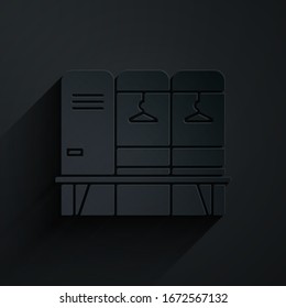 Cajón de papel o vestuario para hockey, fútbol, equipo de baloncesto o icono de los trabajadores aislados en fondo negro. Estilo de arte de papel.  Ilustración vectorial