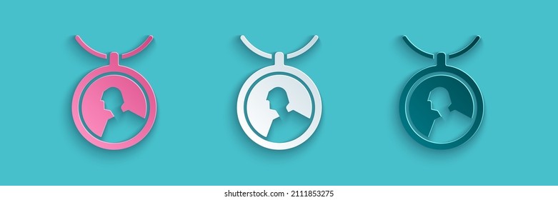 Paper cut Locket on necklace icon isolated on blue background. Paper art style. Vector
