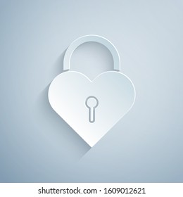 Paper cut lockin the shape of a heart icon isolated on grey background. Locked Heart. Love symbol and keyhole sign. Paper art style. Vector Illustration