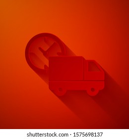 Paper cut Logistics delivery truck and clock icon isolated on red background. Delivery time icon. Paper art style. Vector Illustration