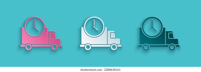 Paper cut Logistics delivery truck and clock icon isolated on blue background. Delivery time icon. Paper art style. Vector Illustration