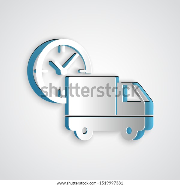 Paper cut Logistics delivery truck and clock\
icon isolated on grey background. Delivery time icon. Paper art\
style. Vector\
Illustration