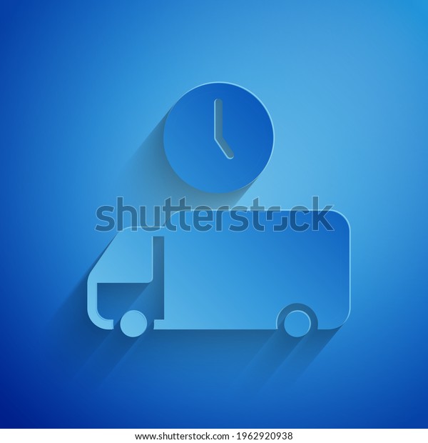 Paper cut Logistics delivery truck and time icon\
isolated on blue background. Delivery time icon. Paper art style.\
Vector