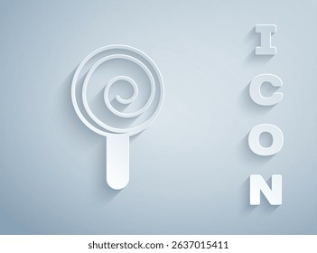 Paper cut Lollipop icon isolated on grey background. Candy sign. Food, delicious symbol. Paper art style. Vector