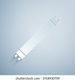 Paper cut Long luminescence fluorescent energy saving lamp icon isolated on grey background. Paper art style. Vector.