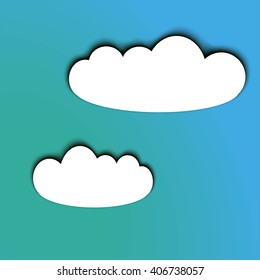 Paper cut looking white clouds with a shadow on a pretty blue sky. Vector volume effect. Suitable for web, icon, poster, background design.