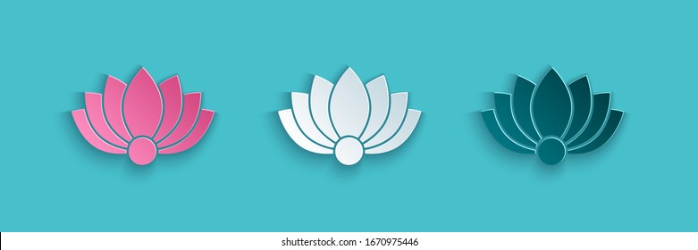 Paper cut Lotus flower icon isolated on blue background. Paper art style. Vector Illustration