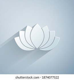 Paper cut Lotus flower icon isolated on grey background. Paper art style. Vector
