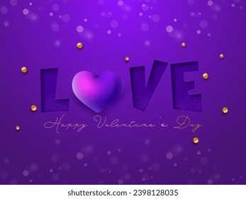 Paper Cut Love Font with Glossy Gradient Heart, Golden Balls on Purple Bokeh Blurred Background for Happy Valentine's Day Concept.