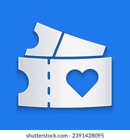 Paper cut Love ticket icon isolated on blue background. Valentines day sign. Couple relationships symbol. Paper art style. Vector