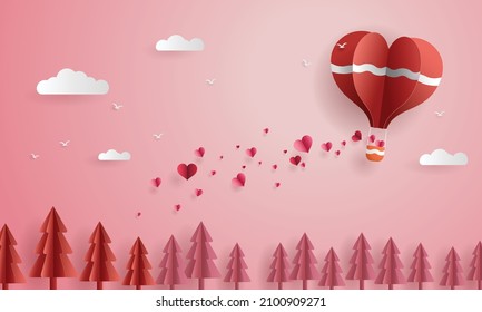 Paper cut love and valentines day, Origami balloon float in the air scatter hearts over pine trees.