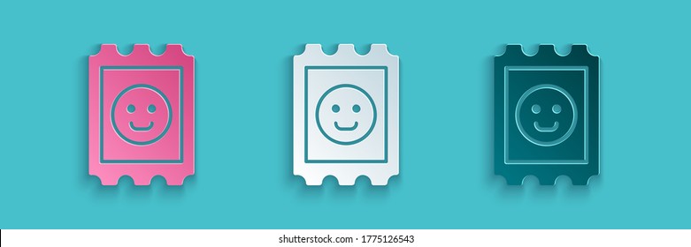 Icono de la marca de ácido LSD de corte de papel aislado en fondo azul. Narcóticos ácidos. Postmark. Sello de rehenes. Riesgo para la salud. Estilo de arte de papel. Ilustración vectorial