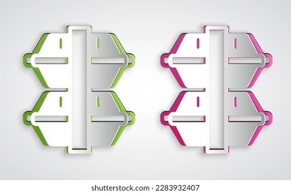 Paper cut Lunch box icon isolated on grey background. Paper art style. Vector
