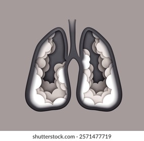 Paper cut lungs with cigarette smoke for stop smoking and tobacco disease, vector poster. Unhealthy lungs with cigarette smoke in paper cut for medical infographic or stop tobacco and health poster