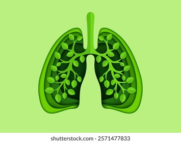 Paper cut lungs with green leaves tree for clean breath and nature protection, vector background. World lung day for health or save earth concept, paper cut green leaves in lungs for planet ecology