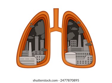 Paper cut lungs pollution. 3d vector papercut art showing layered frame in shape of lung filled with factory building and pipe silhouettes emitting smoke. Impact of urban air pollution on human health