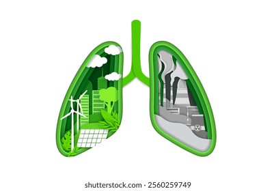 Paper cut lungs pollution and environment, green ecology conservation and health problem, vector concept. Factory and industrial toxic contamination smog and environmental pollution in papercut lungs