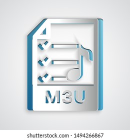 Paper cut M3U file document. Download m3u button icon isolated on grey background. M3U file symbol. Paper art style. Vector Illustration