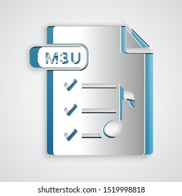 Paper cut M3U file document. Download m3u button icon isolated on grey background. M3U file symbol. Paper art style. Vector Illustration