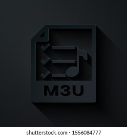 Paper cut M3U file document. Download m3u button icon isolated on black background. M3U file symbol. Paper art style. Vector Illustration