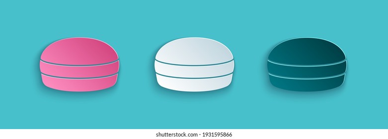Paper cut Macaron cookie icon isolated on blue background. Macaroon sweet bakery. Paper art style. Vector