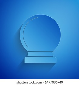 Paper cut Magic ball icon isolated on blue background. Crystal ball. Paper art style. Vector Illustration