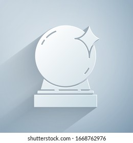 Paper cut Magic ball icon isolated on grey background. Crystal ball. Paper art style. Vector Illustration