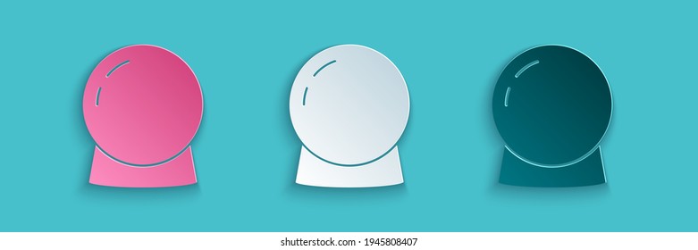 Paper cut Magic ball icon isolated on blue background. Crystal ball. Paper art style. Vector