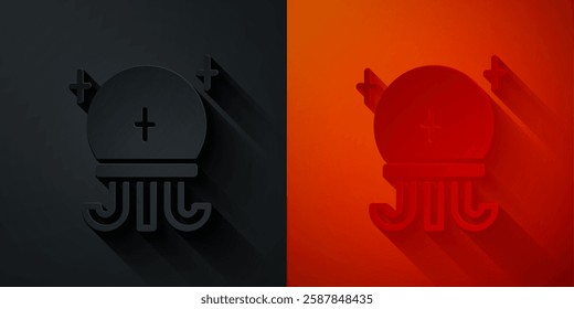 Paper cut Magic ball icon isolated on black and red background. Crystal ball. Paper art style. Vector