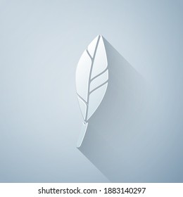 Paper cut Magic feather icon isolated on grey background. Paper art style. Vector