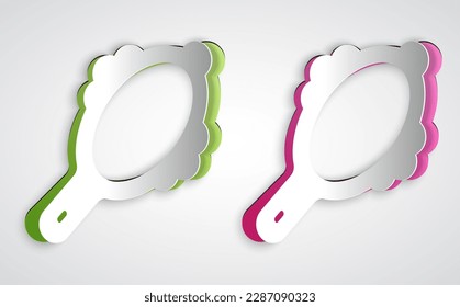 Paper cut Magic hand mirror icon isolated on grey background. Paper art style. Vector