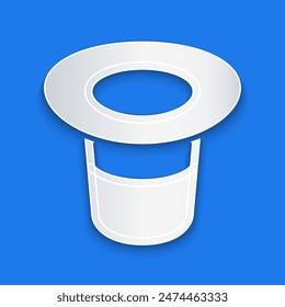 Paper cut Magic hat icon isolated on blue background. Magic trick. Mystery entertainment concept. Paper art style. Vector