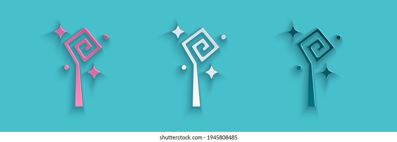 Recorte de papel Icono de personal mágico aislado en fondo azul. varita mágica, cetro, palo, vara. Estilo de arte de papel. Vector