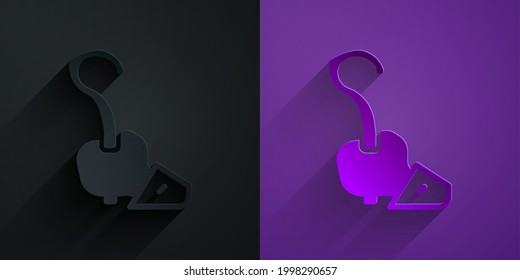Paper cut Magic staff icon isolated on black on purple background. Magic wand, scepter, stick, rod. Paper art style. Vector