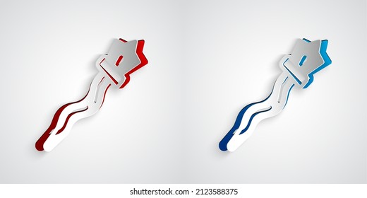 Recorte de papel Icono de personal mágico aislado en fondo gris. varita mágica, cetro, palo, vara. Estilo de arte de papel. Vector